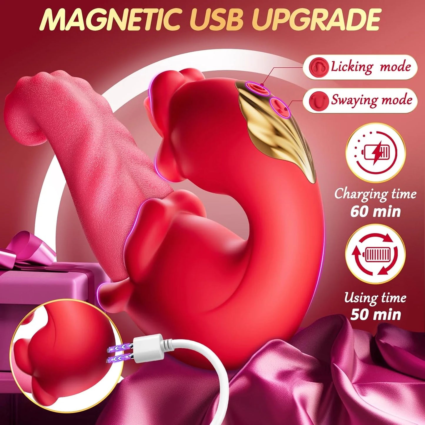 C-Rose-Tongue Thrusting Vibrator with 10 Licking Clitoral & 10 Vibration Modes