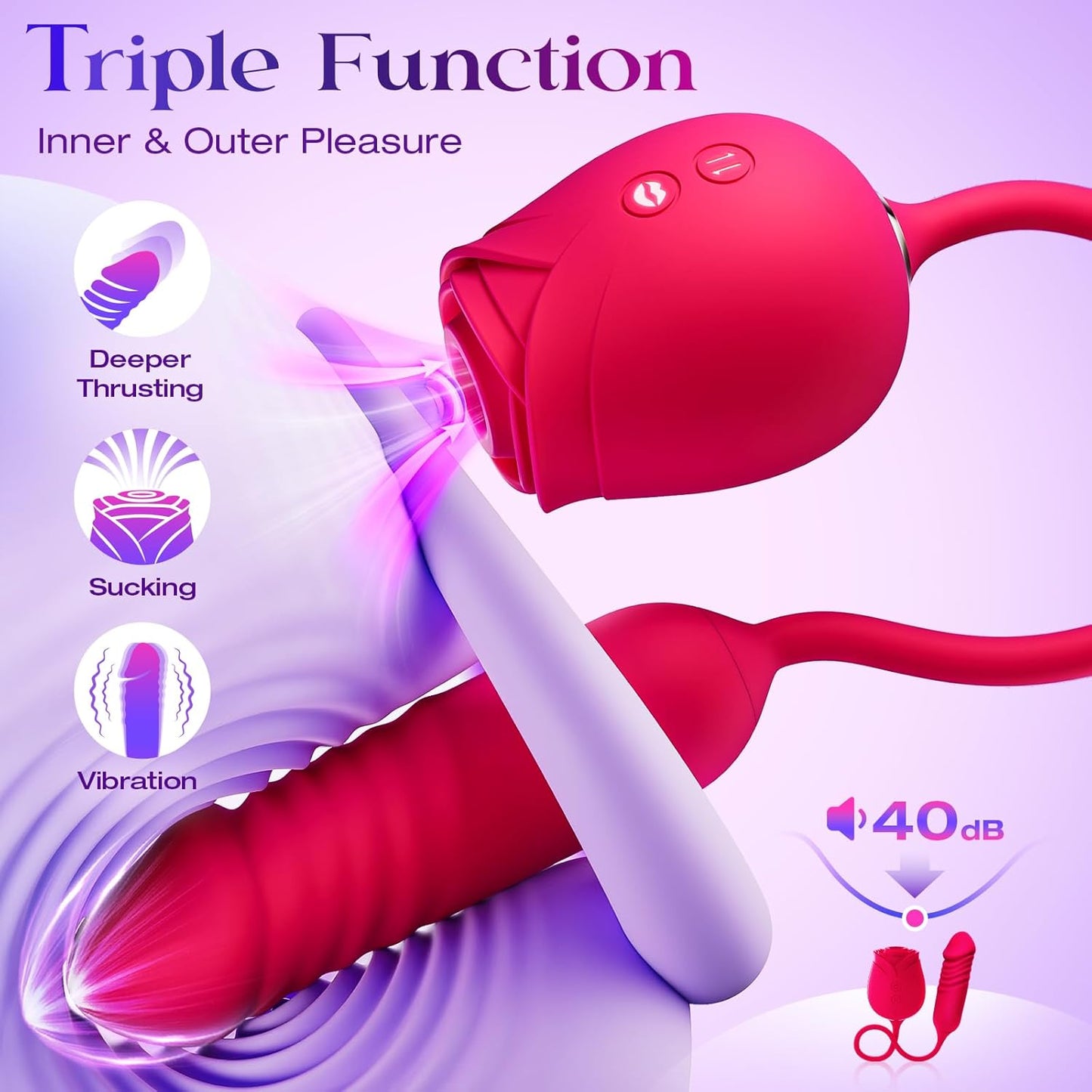 Rose Toy with Thrusting, Vibrating, Sucking Modes for Clitoral Nipple Stimulation Anal Double-Ended G Spot Vibrator Dildo App Control