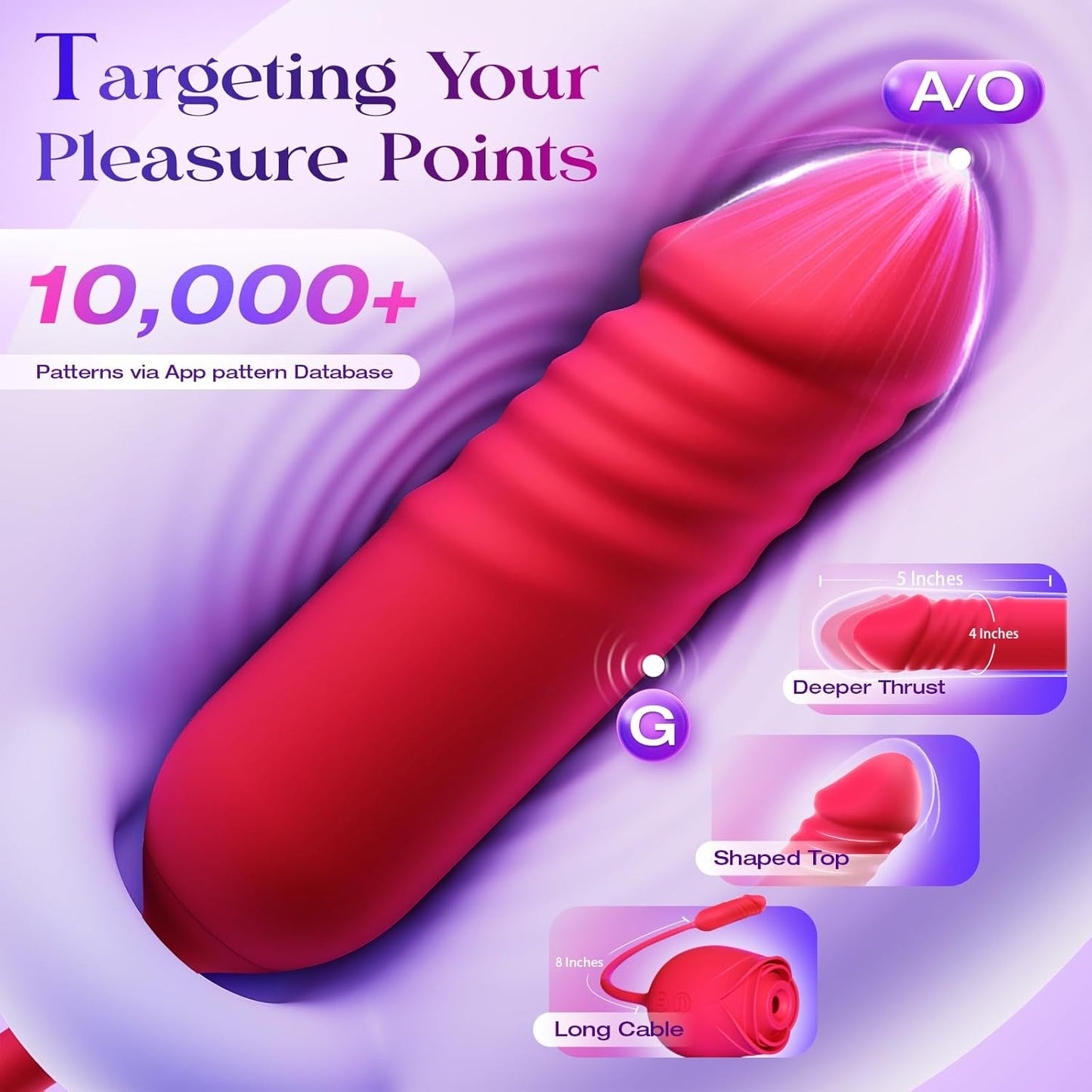 Rose Toy with Thrusting, Vibrating, Sucking Modes for Clitoral Nipple Stimulation Anal Double-Ended G Spot Vibrator Dildo App Control