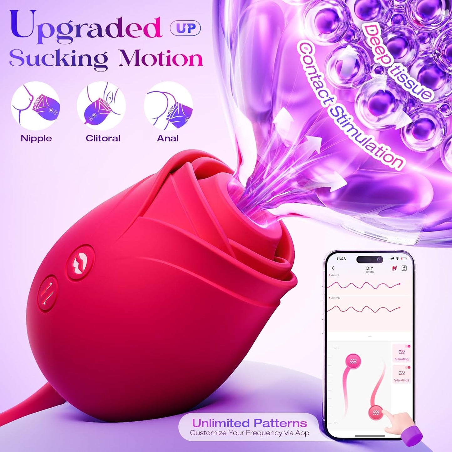 Rose Toy with Thrusting, Vibrating, Sucking Modes for Clitoral Nipple Stimulation Anal Double-Ended G Spot Vibrator Dildo App Control