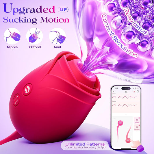Rose Toy with Thrusting, Vibrating, Sucking Modes for Clitoral Nipple Stimulation Anal Double-Ended G Spot Vibrator Dildo Adult Sex Toy for Women Couples