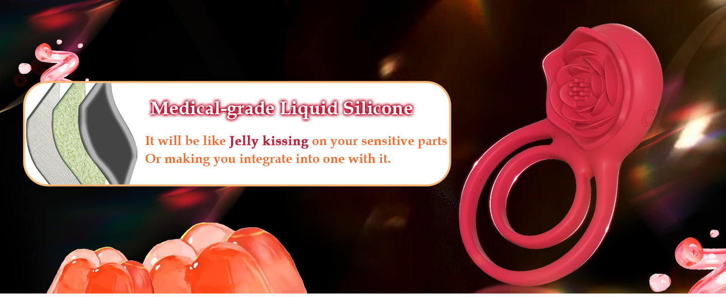 Vibrating Cock Ring with Rose Clitoral Stimulator, 7 Vibrations Male Couple Sex Toy