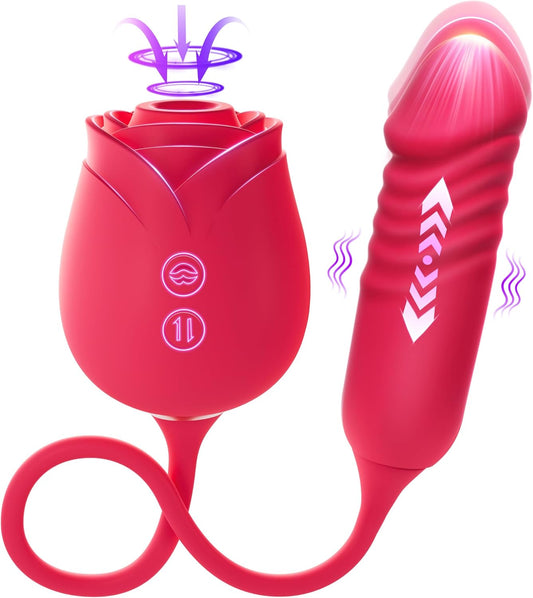 Rose Toy with Thrusting, Vibrating, Sucking Modes for Clitoral Nipple Stimulation Anal Double-Ended G Spot Vibrator Dildo Adult Sex Toy for Women Couples
