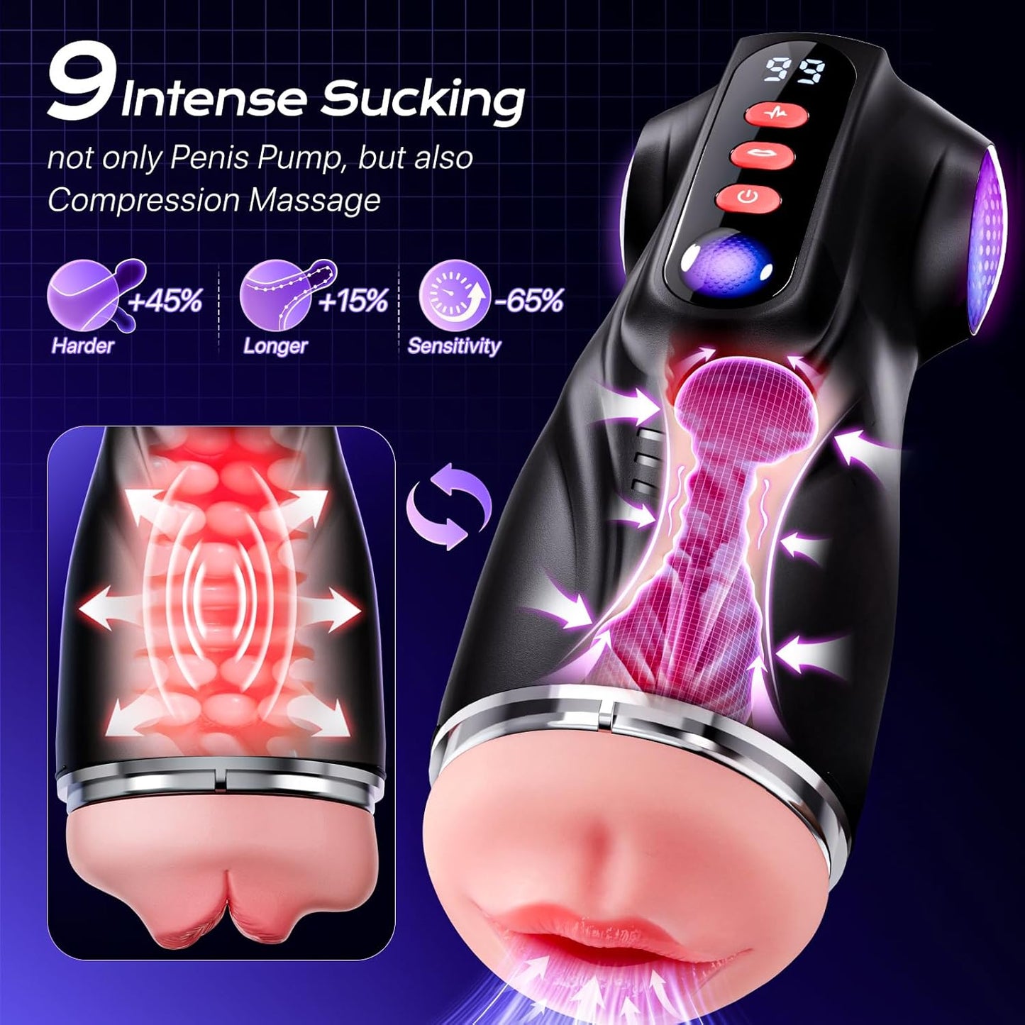 3 in 1 Male Masturbator Stroker with 9 Sucking & 9 Vibrating Modes AI Interactive APP Controlled Pocket Pussy
