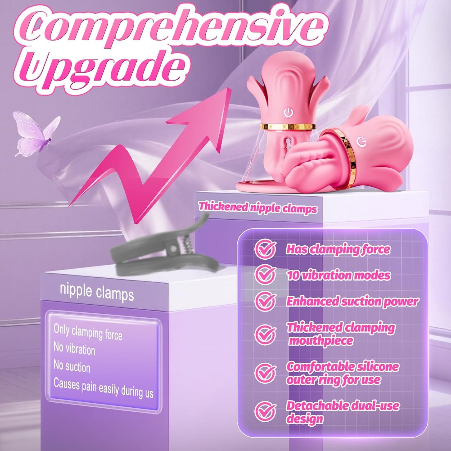 (US ONLY) App-Controlled Nipple Toy Vibrators - 1 Pair BDSM Nipple Clamps with 10 Vibration Modes & Manual Sucking Stimulator, Silicone Detachable Sensory Toys