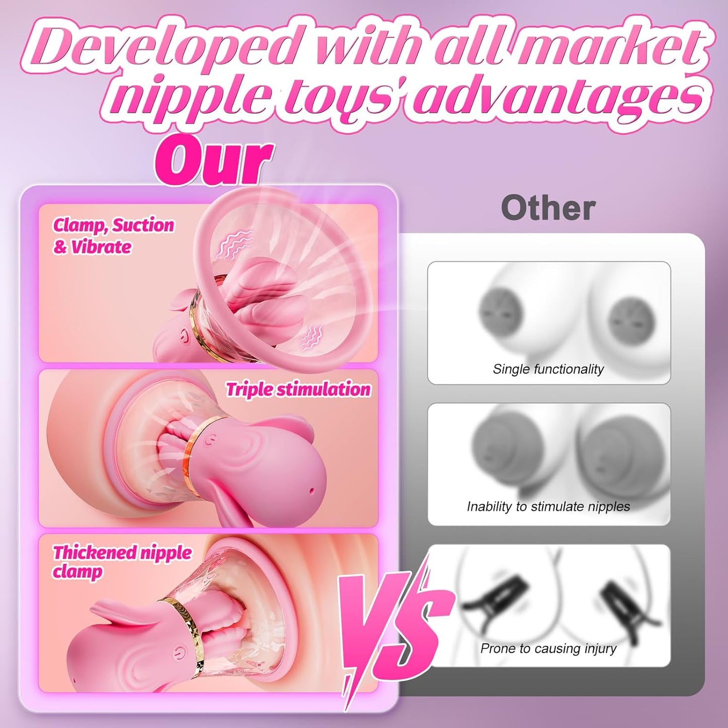 (US ONLY) App-Controlled Nipple Toy Vibrators - 1 Pair BDSM Nipple Clamps with 10 Vibration Modes & Manual Sucking Stimulator, Silicone Detachable Sensory Toys