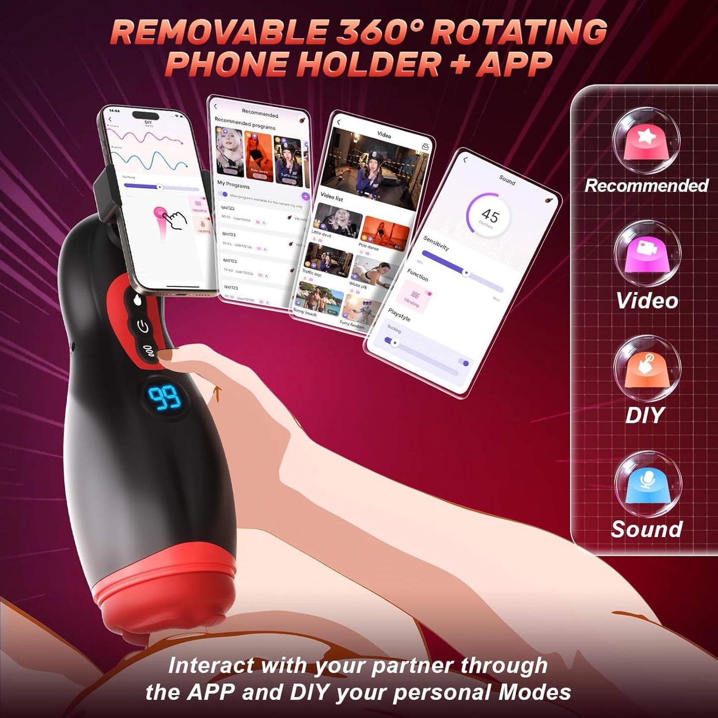 App Control Suction and Vibrating Male Masturbator with Phone Holder