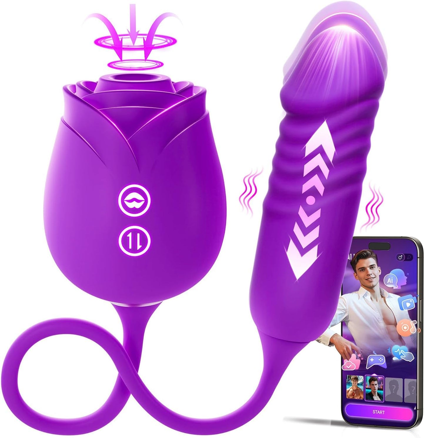 Rose Toy with Thrusting, Vibrating, Sucking Modes for Clitoral Nipple Stimulation Anal Double-Ended G Spot Vibrator Dildo App Control