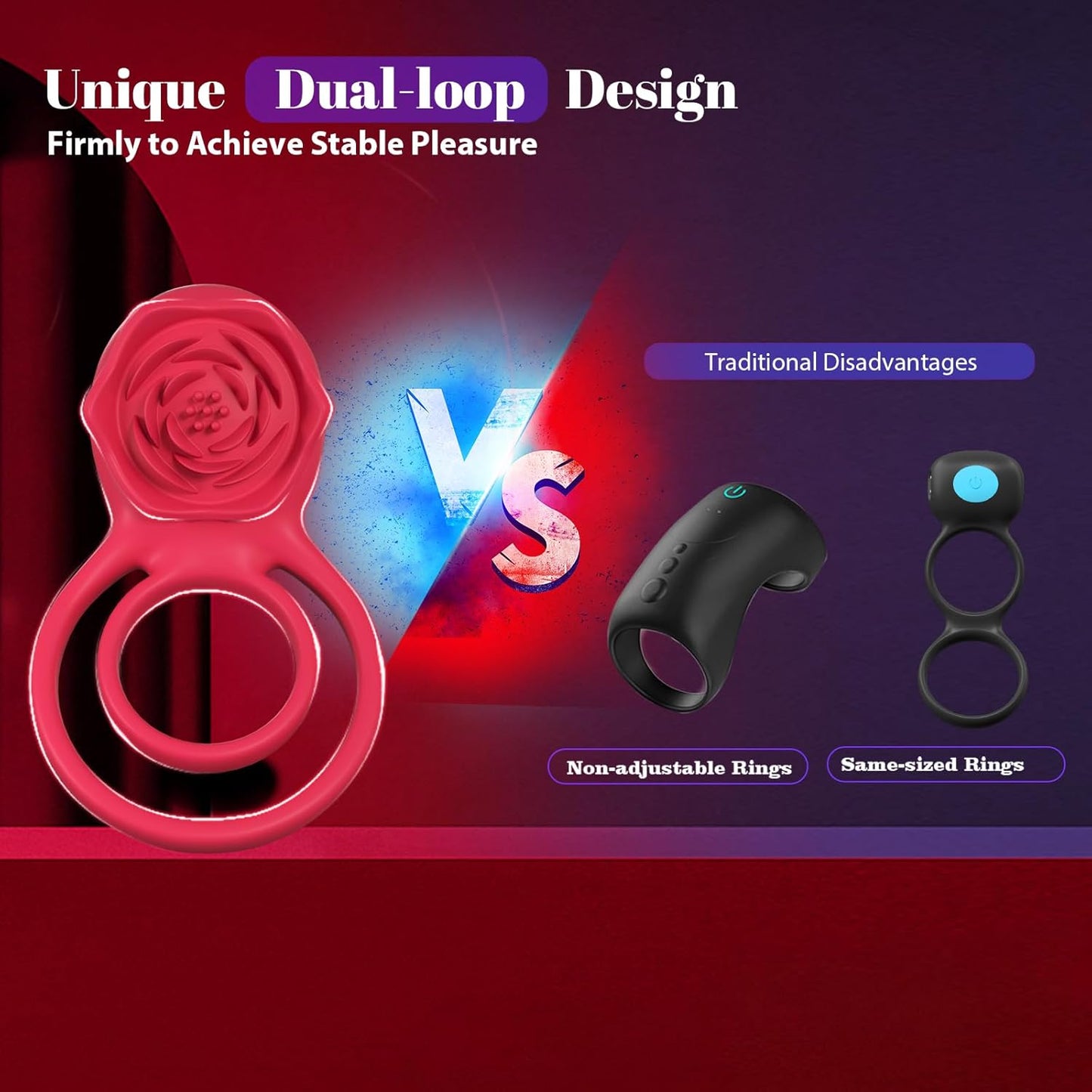 Vibrating Cock Ring with Rose Clitoral Stimulator, 7 Vibrations Male Couple Sex Toy